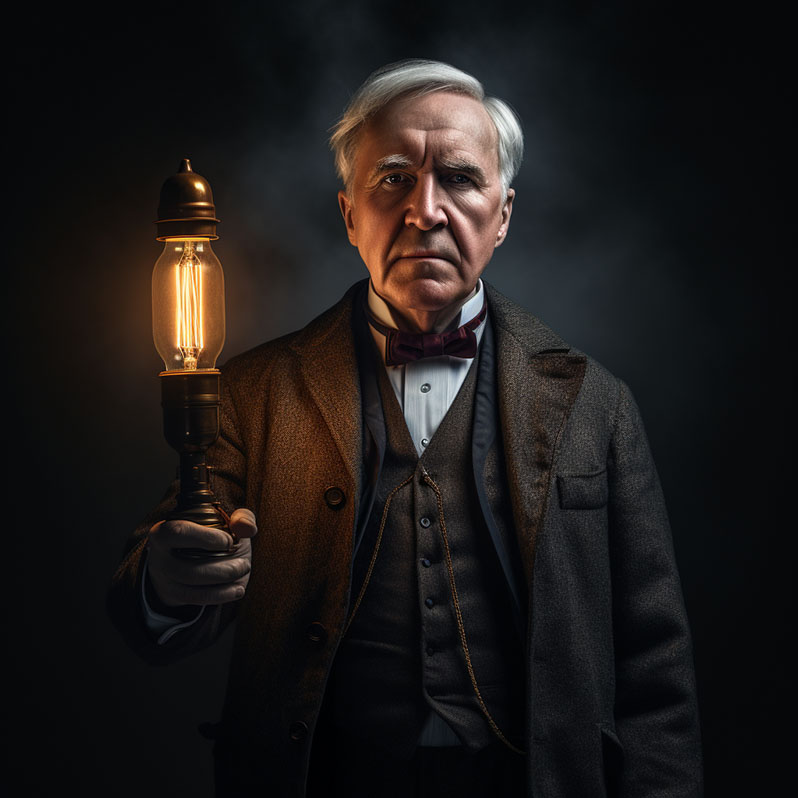 Luego de 10.000 fracasos, Thomas Alva Edison sostiene su invención: una lámpara eléctrica encendida.