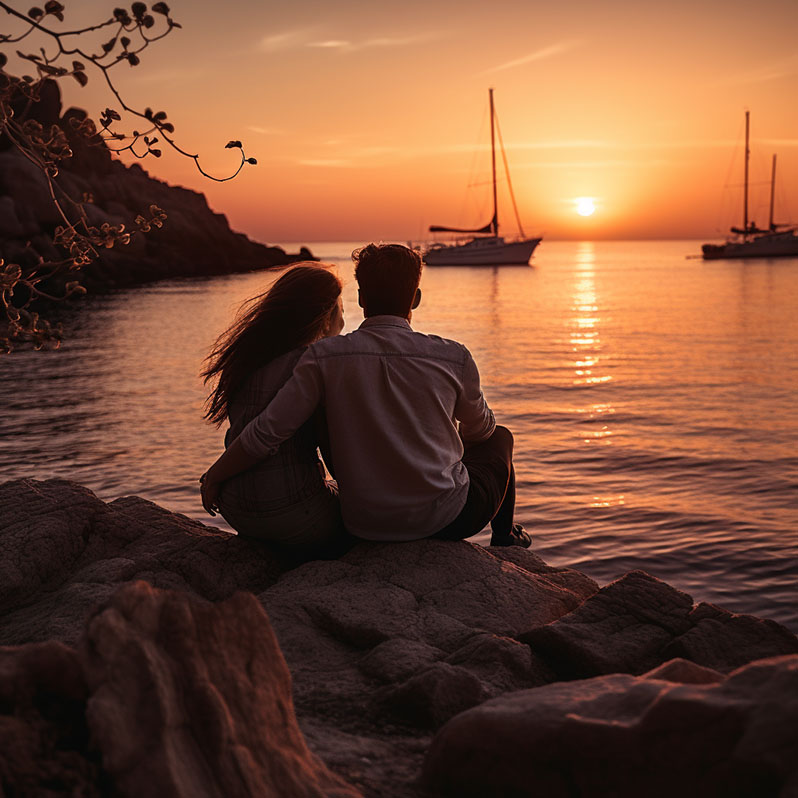 Coaching. Pareja enamorada mirando el atardecer frente a un lago con veleros, disfrutando de la vida.