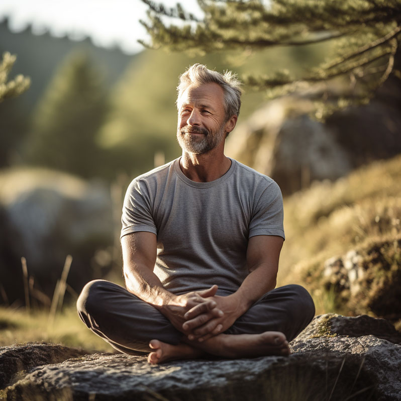 MIndfulness: hombre sonriente meditando sentado sobre una roca en la naturaleza llena de vida.