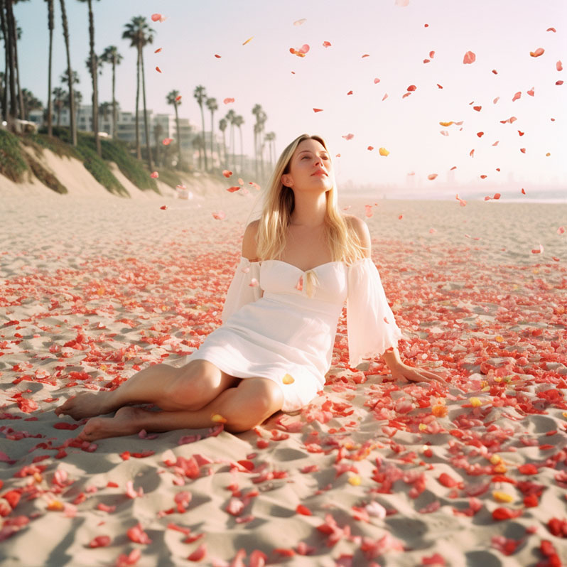 Mujer feliz disfruta la vida sentada en la arena de una playa, con palmeras en el fondo, mientras caen pétalos de rosa.