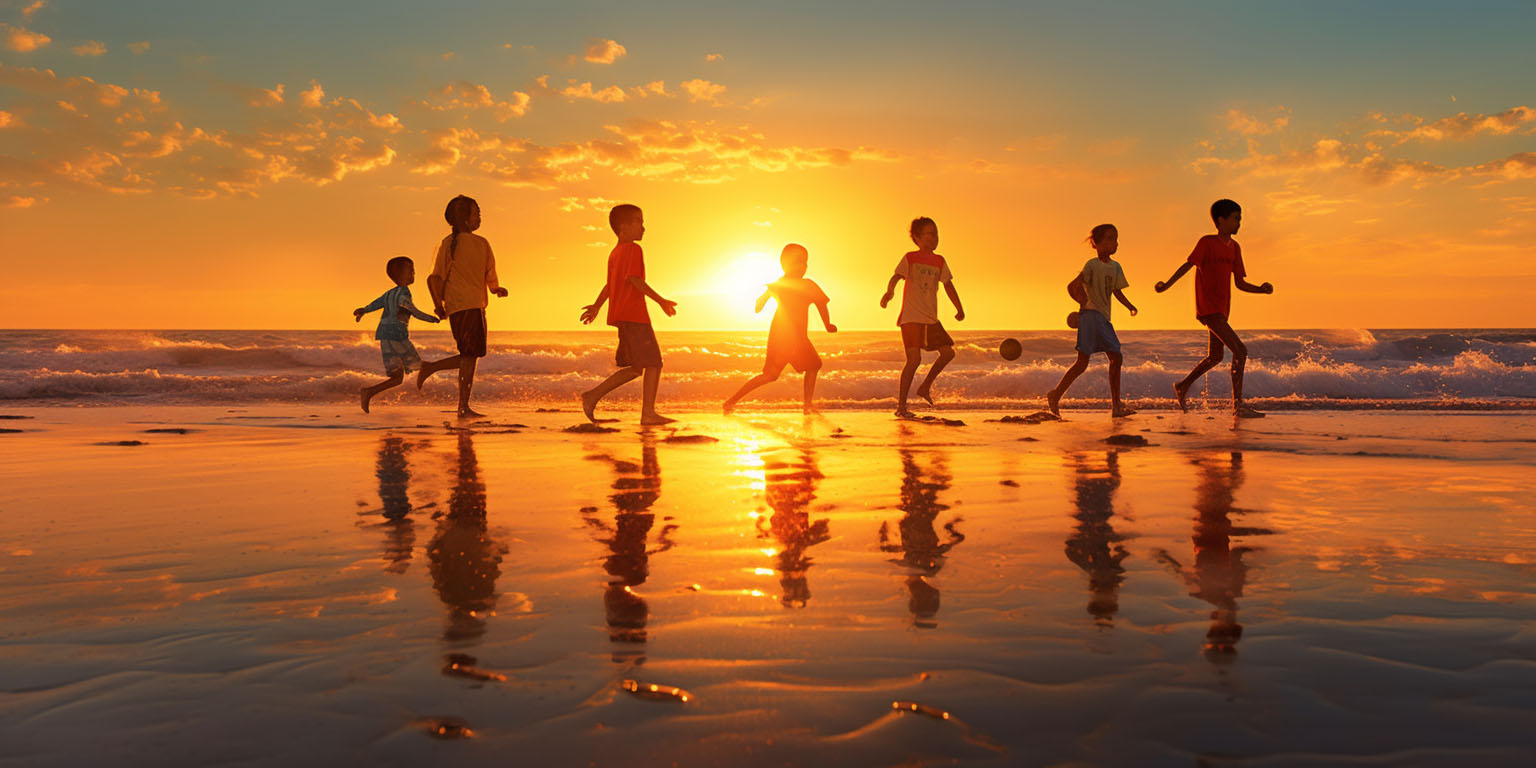 Niños jugando al fútbol en la playa frente al atardecer en el mar.