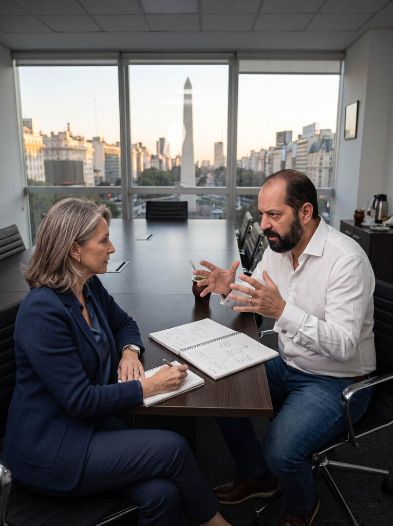 Adrián Tschubarov conversa con una ejecutiva durante una sesión individual de coaching ejecutivo en Buenos Aires.