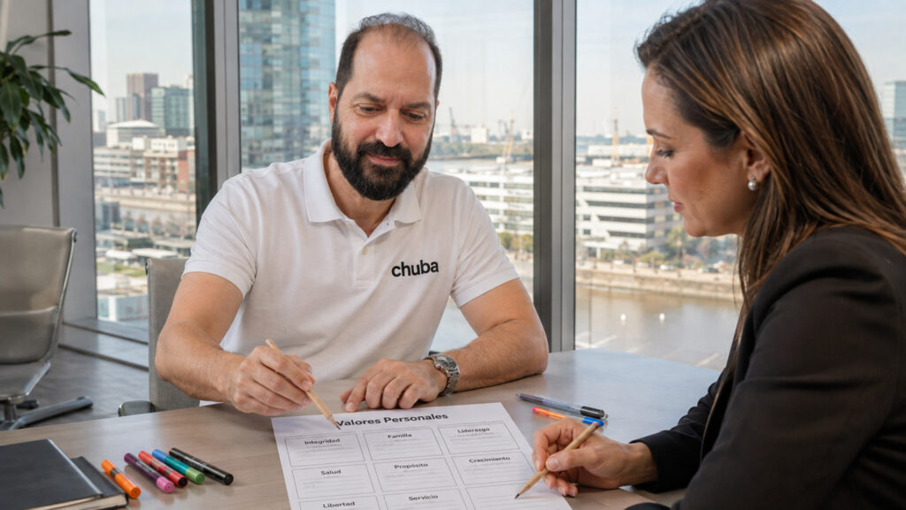 Adrián Tschubarov facilita una sesión individual de coaching ejecutivo para identificar valores personales, propósito y prioridades de liderazgo.