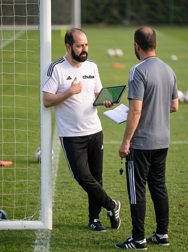 Adrián Tschubarov trabaja con un entrenador la toma de decisiones, el liderazgo y la gestión mental durante una sesión de alto rendimiento en fútbol.