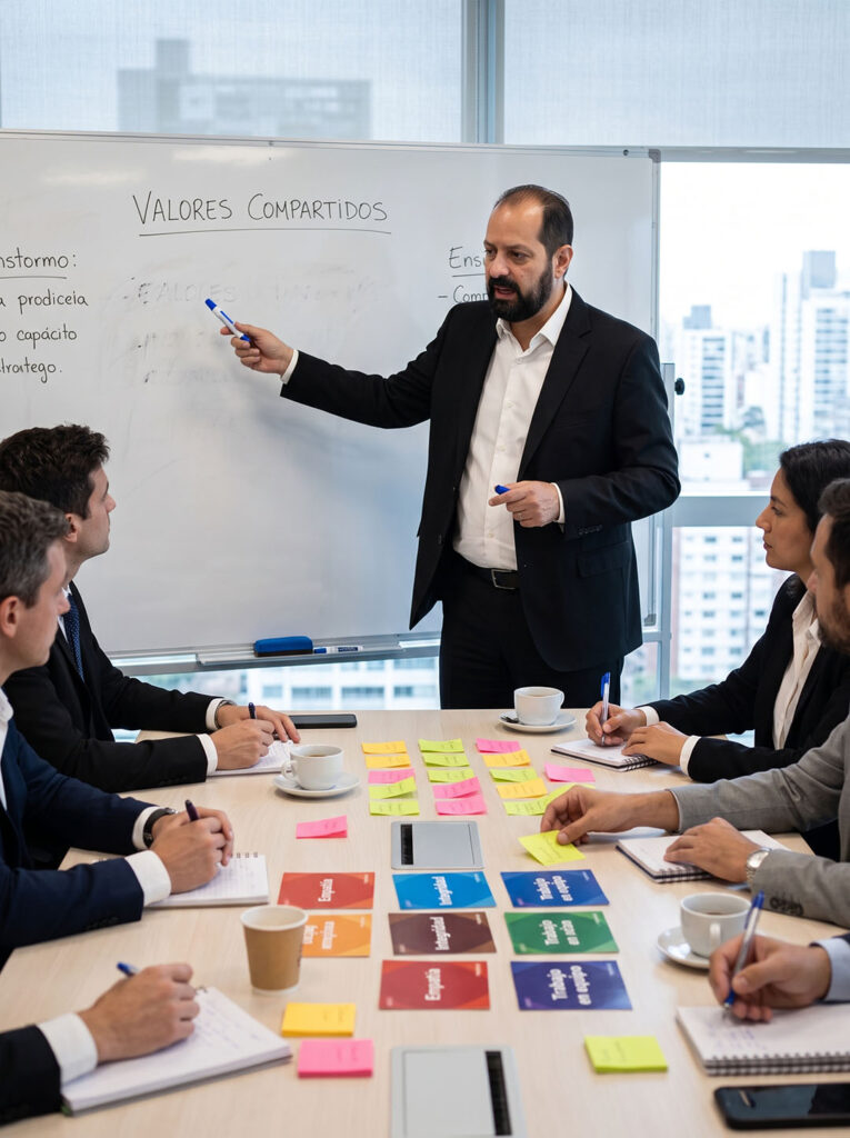 Adrián Tschubarov dirige una sesión de Maestría Interior sobre valores compartidos, habilidades blandas y liderazgo efectivo con un equipo ejecutivo.