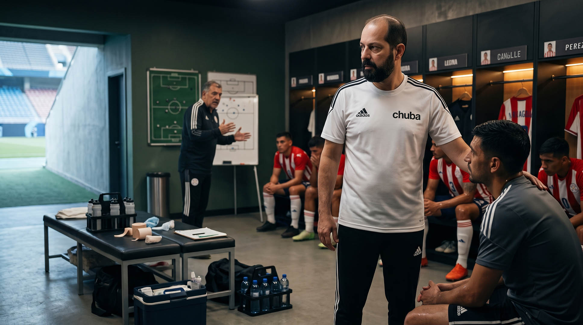 Adrián Tschubarov observa el liderazgo bajo presión durante el entretiempo en un vestuario de fútbol.