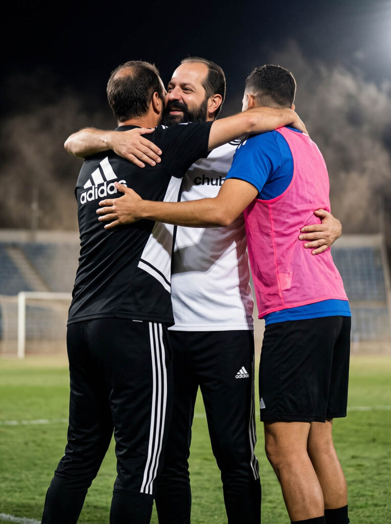 Adrian Tschubarov , coach deportivo y proparador mental, abraza a integrantes del equipo durante una dinámica de cohesión y preparación mental en fútbol. Caoching deportivo vs psicología deportiva.