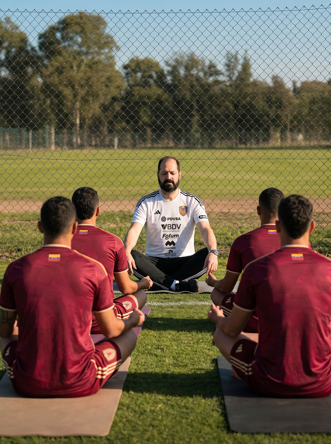 Adrian Tschubarov, coach deportivo, guía una sesión de carga mental pre-entrenamiento con práctica de mindfulness y preparación mental con futbolistas de la Selección Vinotinto.