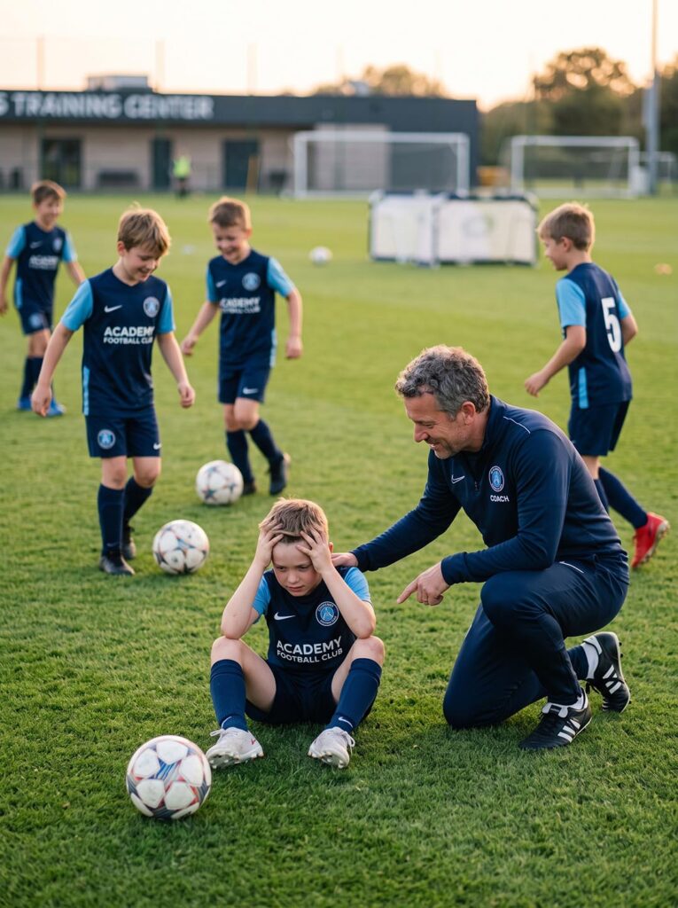 Niño futbolista frustrado tras cometer un error mientras su entrenador intenta ayudarlo durante un entrenamiento.