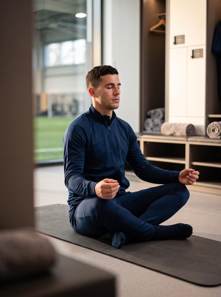 Deportista meditando y practicando mindfulness en un vestuario. Mindfulness para futbolistas. Meditación.
