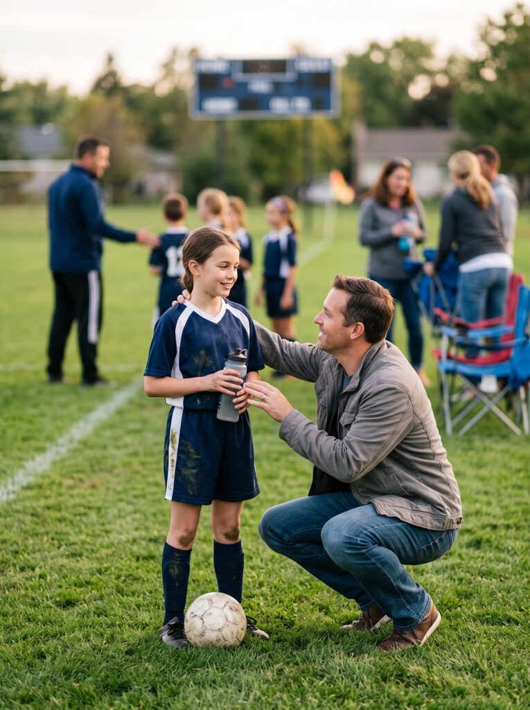 Padre apoyando a su hija futbolista después de un partido de fútbol juvenil